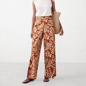 Banana Republic Hayden Wide-Leg Linen-Blend Pull-On Pant Orange Leaf Print M NWT